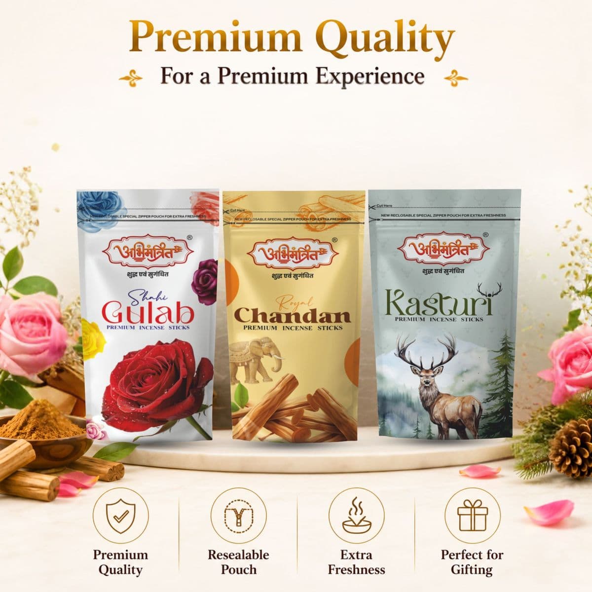 Abhimantrit Premium Incense Sticks Combo Pack – Chandan, Gulab & Kasturi