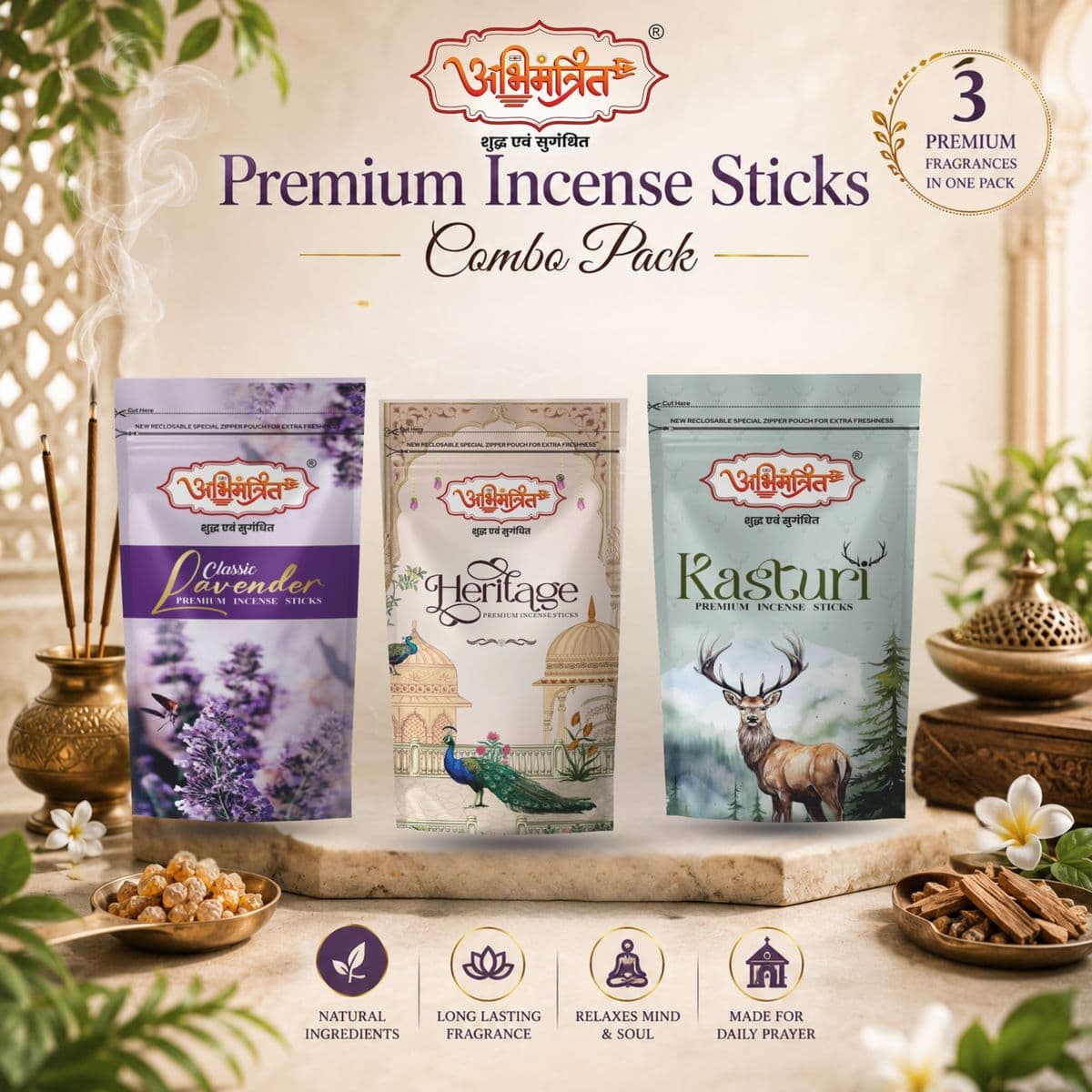 Abhimantrit Premium Incense Sticks Combo Pack (Heritage, Classic Lavender & Kasturi)